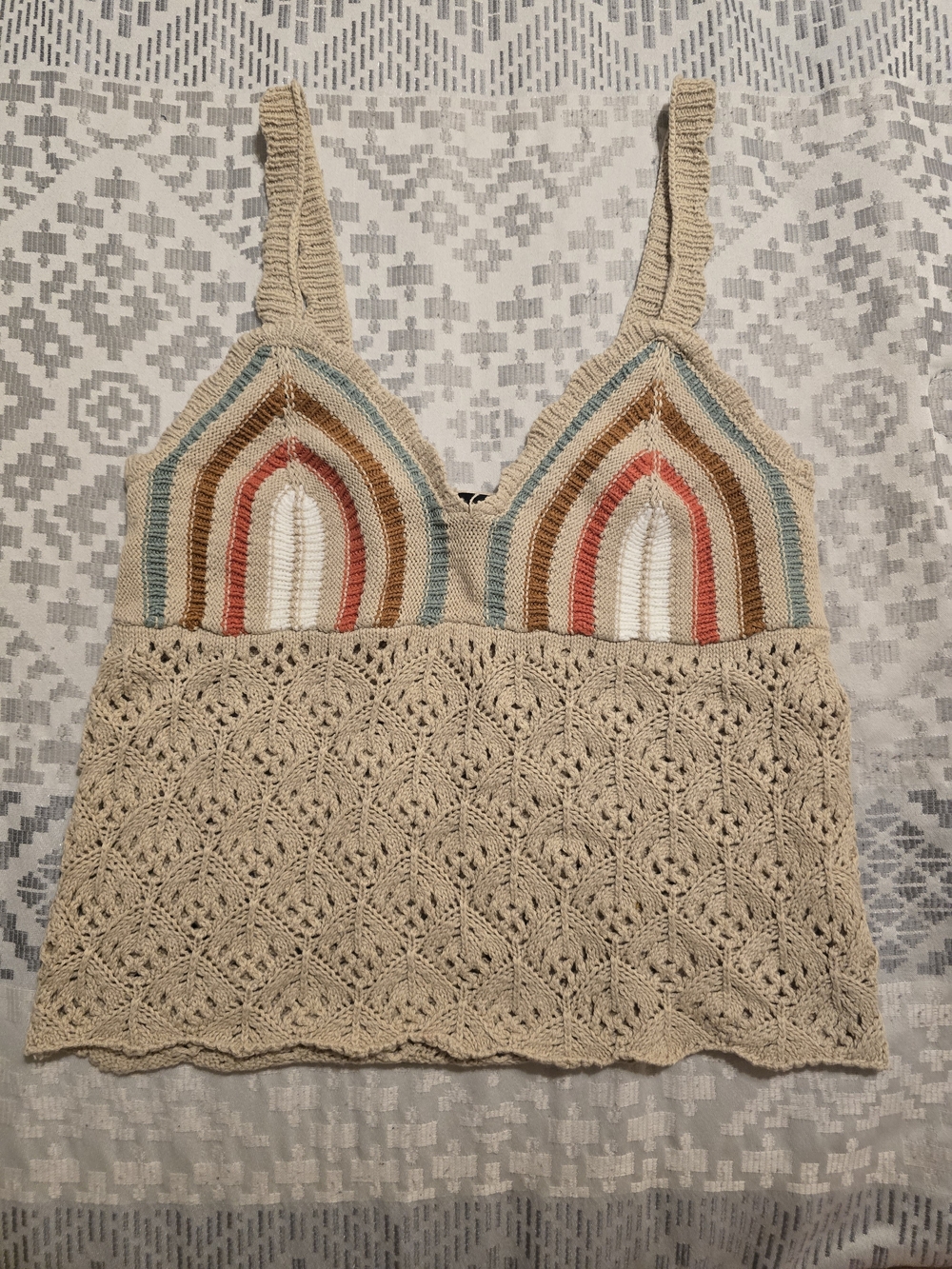 Almost Famous Beige Crochet Cami with Multi-Color Striped Cups